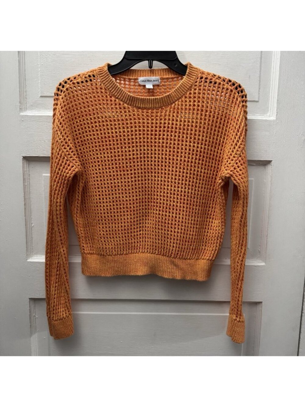 Calvin Klein Jeans Open Knit Sweater Orange Crochet Crop Pullover S